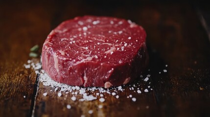 Fresh Raw Beef Steak on Wooden Table with Sea Salt Garnish for Culinary Cooking and Food Preparation