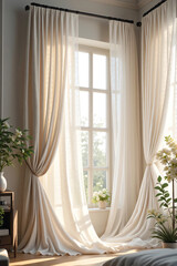 Neutral curtains gently blowing through an open window in a peaceful, light-filled interior with soft natural tones and elegant daylight - ideal for real estate and lifestyle home branding visuals
