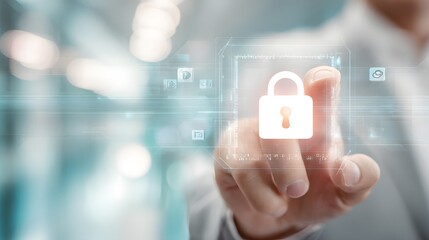 Hand pressing a glowing padlock icon, representing digital security, data protection, and cybersecurity measures