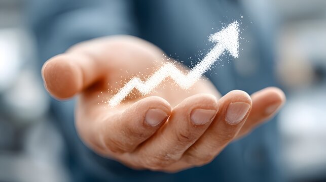 Hands presenting upward financial arrow growth in modern office
