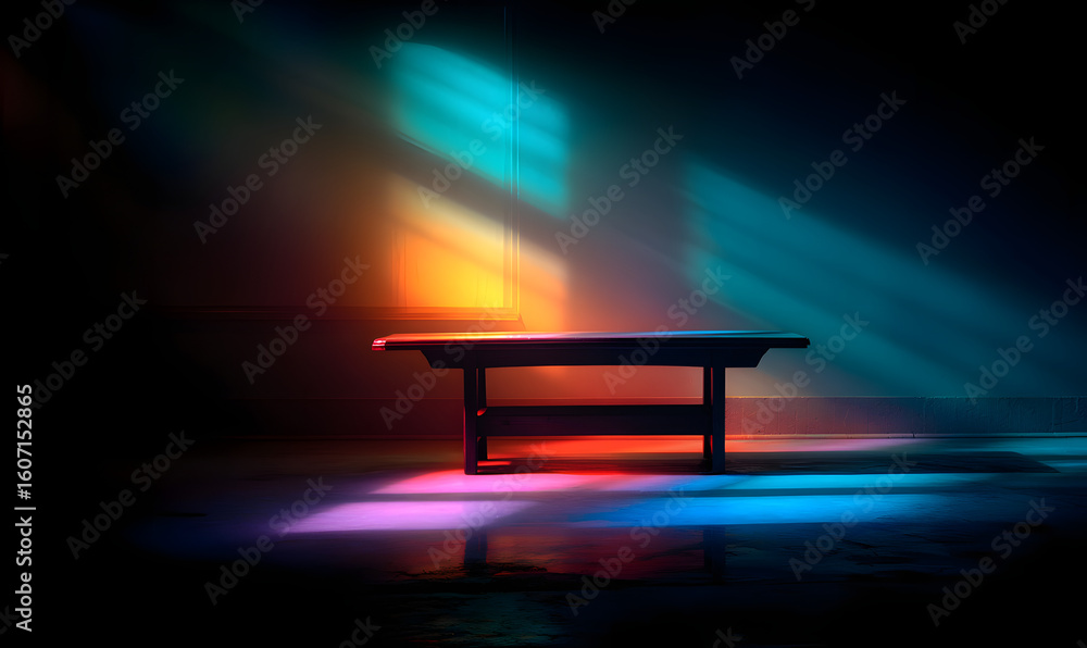 Aufkleber a dark background with an empty table illuminated by dynamic, colorful lighting