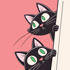 Two cute black cat set. Funny kitten face head. Cartoon kawaii baby character.