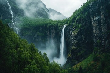 Obraz premium Majestic waterfall cascading down a rocky mountain face, surrounded by lush green forest and misty mountains