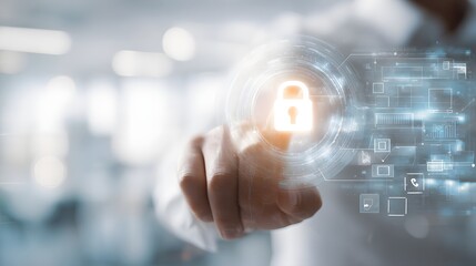 Hand pressing a glowing padlock icon, representing digital security, data protection, and cybersecurity measures