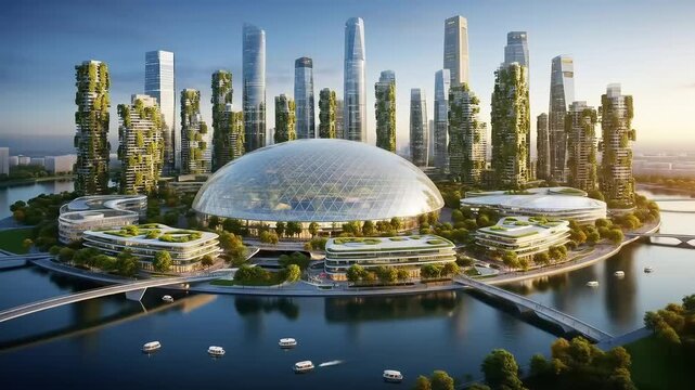 High-Tech Cityscape With Central Biodome Surrounded by Futuristic Green Skyscrapers