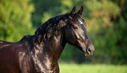 Obraz premium Black horse profile in a green forest