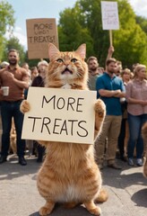 Feline Rights Rally: A determined cat leads a protest, holding a sign advocating for MORE TREATS! against a backdrop of supportive humans, expressing a humorous. Ai generated image