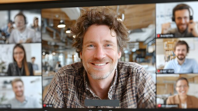 Virtual meeting on screen with diverse team