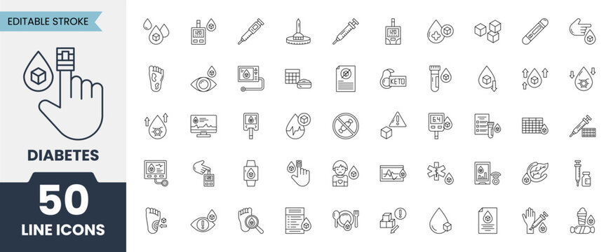 Diabetes icon set. Editable stroke. Vector illustration