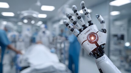 AI robot assistant helping doctor in emergency room, technology future,