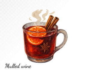 Watercolor illustration of a glass mug with mulled wine, cinnamon sticks and spices, painted in rich red and brown tones. Vector illustration.