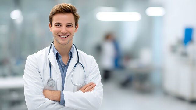 young doctor smiling with arms crossed in modern clinic,