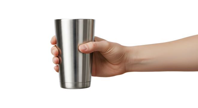 Holding Silver Tumbler Isolated on White Background for Hot or Cold Drinks