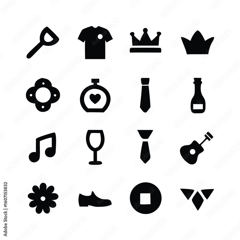 Poster collection of black silhouette icons representing various objects and concepts on a white background