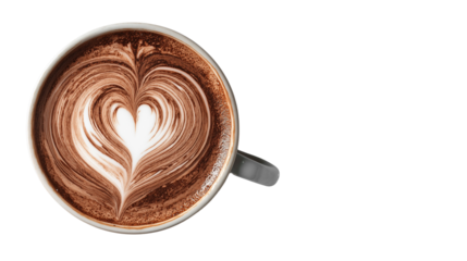 top view of coffee cappuccino heart milk isolated on white background