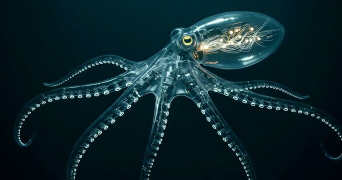 Transparent octopus swimming in dark ocean depths (1)