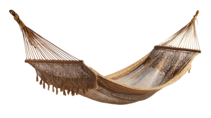 Traditional net hammock with hand-knotted design for beachside rest on white background