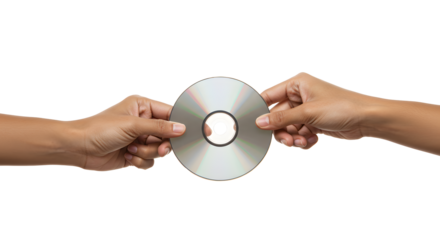 Holding and Sharing Optical Disc with Two Human Hands on White