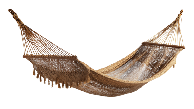 Traditional net hammock with hand-knotted design for beachside rest on white background