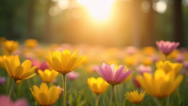 A breathtaking 4K video capturing sunny summer meadow filled cheerful pink yellow wildflowers swaying breeze under bright sky perfect conveying warmth happiness natural