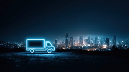Neon truck icon over cityscape night view