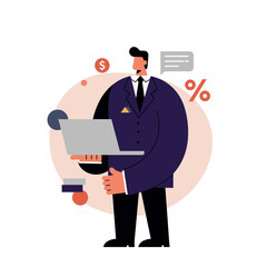 Businessman holding laptop and analyzing financial data  on Black Friday discounts