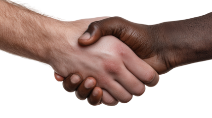 Two individuals of different skin tones are engaged in a firm handshake on white background