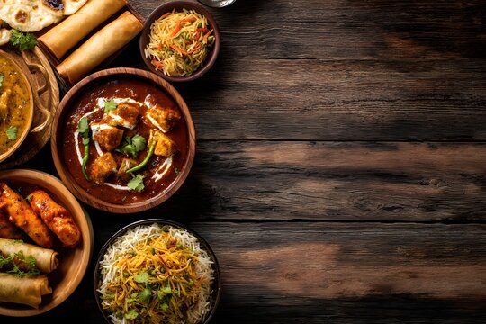  Top view of various colorful Indian and Asian dishes on a rustic wooden table, delicious and diverse