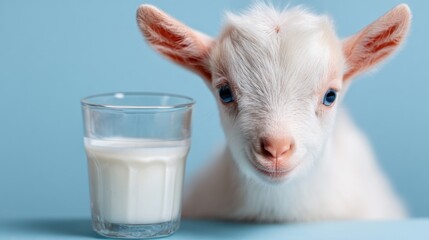 Baby goat and milk glass