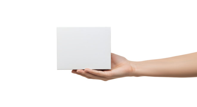 Holding white box in hand against white background studio shot - Powered by Adobe