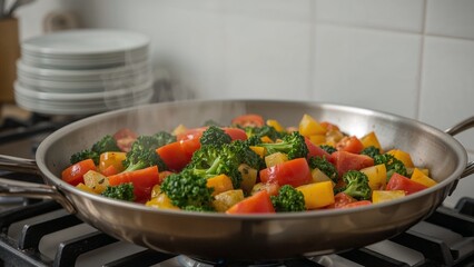 Vegetables, including broccoli, tomatoes, and potatoes, are being cooked in a stainless steel pan on a gas stove.