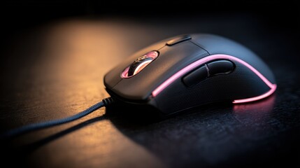 Closeup computer mouse with pink light