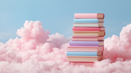Stack of books on pink clouds