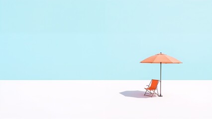 Solitary orange beach chair and parasol on a minimalist white beach under a pale blue sky.