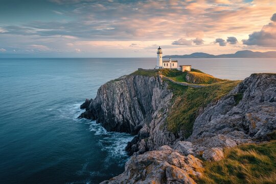 Dramatic coastal landscape at sunset, with a lighthouse atop a rugged cliff