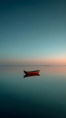 Small Boat on Calm Teal Water at Sunset