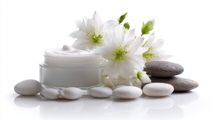 Cream jar white flowers and stones
