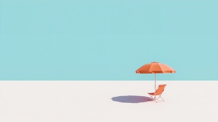 Minimalist beach scene with orange umbrella and chair, vibrant colors.
