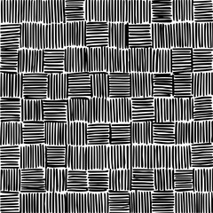 Abstract black and white pattern of squares filled with vertical and horizontal lines creating a grid like design