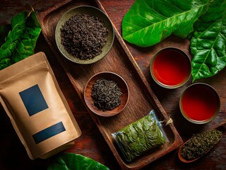 Fresh Loose Leaf Tea Arrangement withBoxes on Rustic Wooden Table

