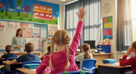 A classroom with children sitting at desks, raising their hands.