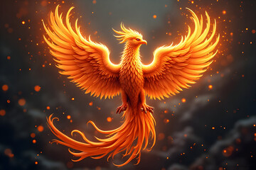 Fiery Bird Flying with Glowing Wings and Tail Feathers