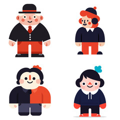 Set of isolated colorful cartoon characters in casual clothes and hats on transparent background