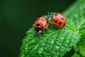 Fototapeta premium Ladybugs (ladybirds) (Coleoptera: Coccinellidae). Adults. Color biodiversity of ladybirds on green leaf