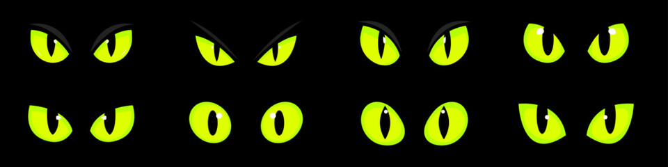 Cat's eyes in a dark. Big set. Yellow Eyes of a cat in the dark. Dangerous eyes of a cat. Vector
