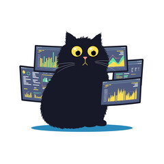 Flat icon of black fluffy cat monitoring security logs with multiple screens, isolated