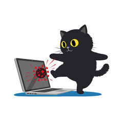 Flat icon of black fluffy cat kicking out virus icon from laptop screen, isolated