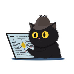 Flat icon of black fluffy cat wearing detective hat investigating malware trace, isolated