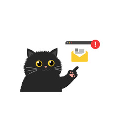 Flat icon of black fluffy cat pointing at phishing email pop-up, isolated