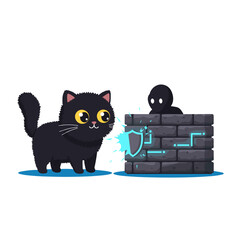  Flat icon of black fluffy cat blocking hacker with firewall barrier, isolated